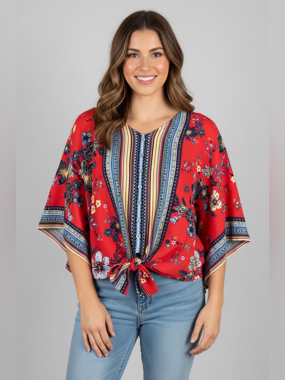 Ali Miles Bright Coral Floral Scoop-Neck Top